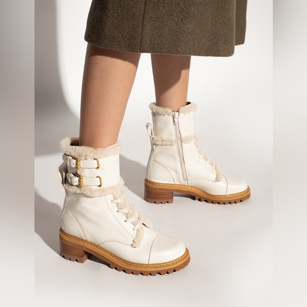 NWOT See by Chloé Women's Shearling Trim Combat Boots size 40